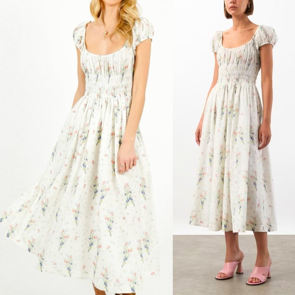 Doen Quinley Midi Dress Painted Bouquet White Floral Puff Sleeve Size XXS - Picture 2 of 10